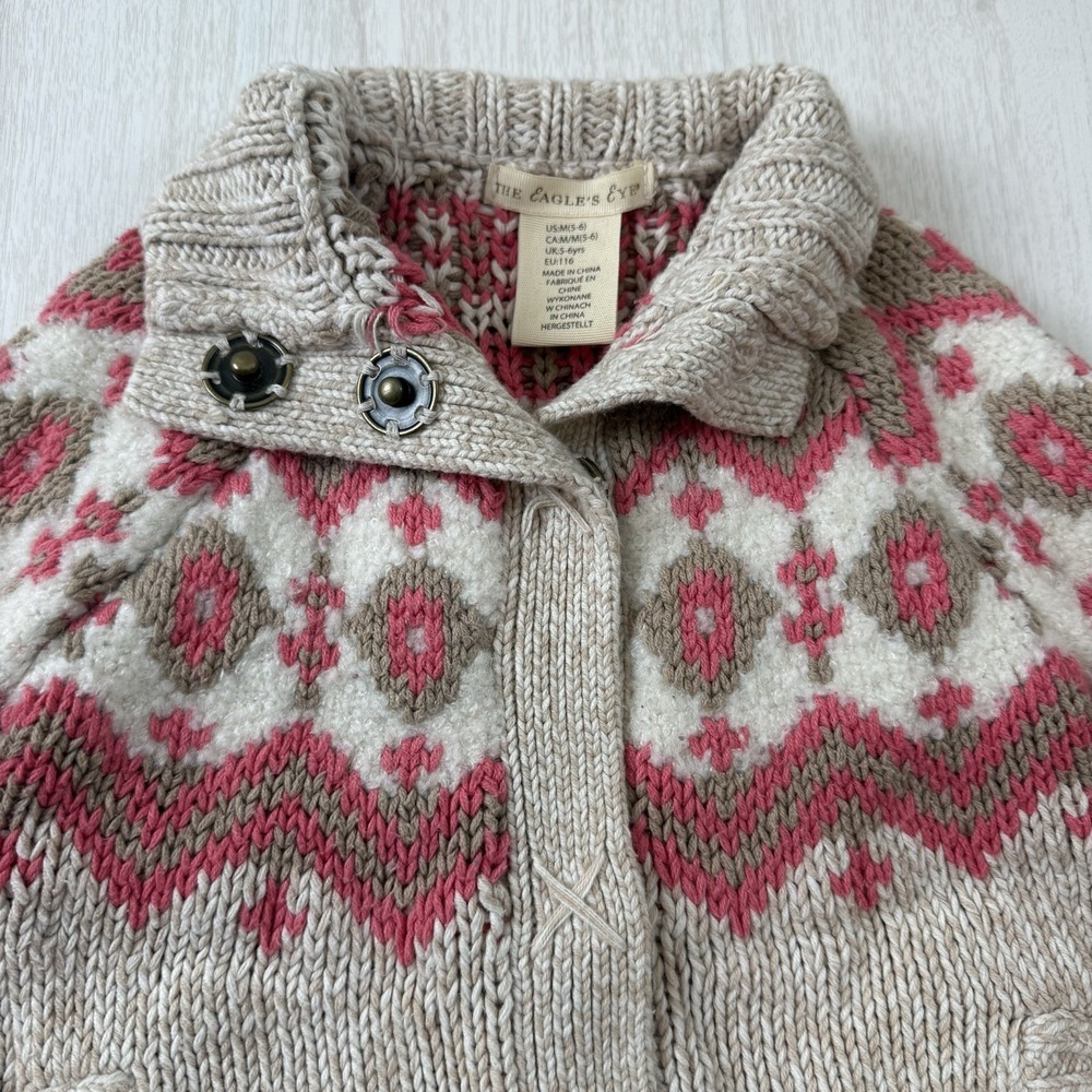 The Eagles Eye Girls Size 5 Medium Knit Sweater Cottagecore Button Fair Isle